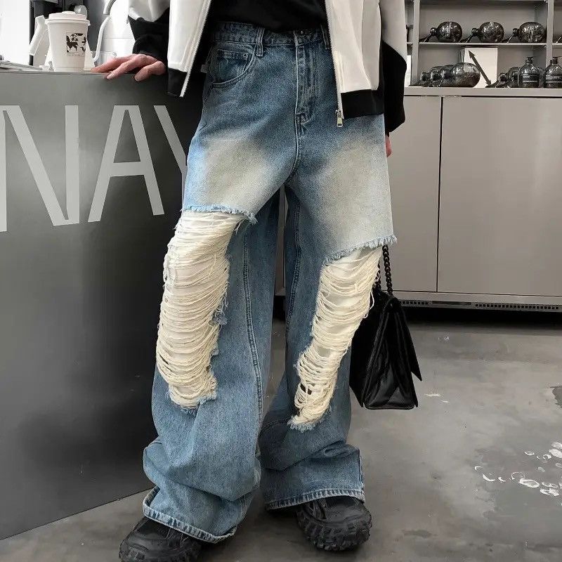 Jean × Vintage Baggy distressed ripped wide leg y2k jeans Size US 34 / EU 50 - 1 Thumbnail