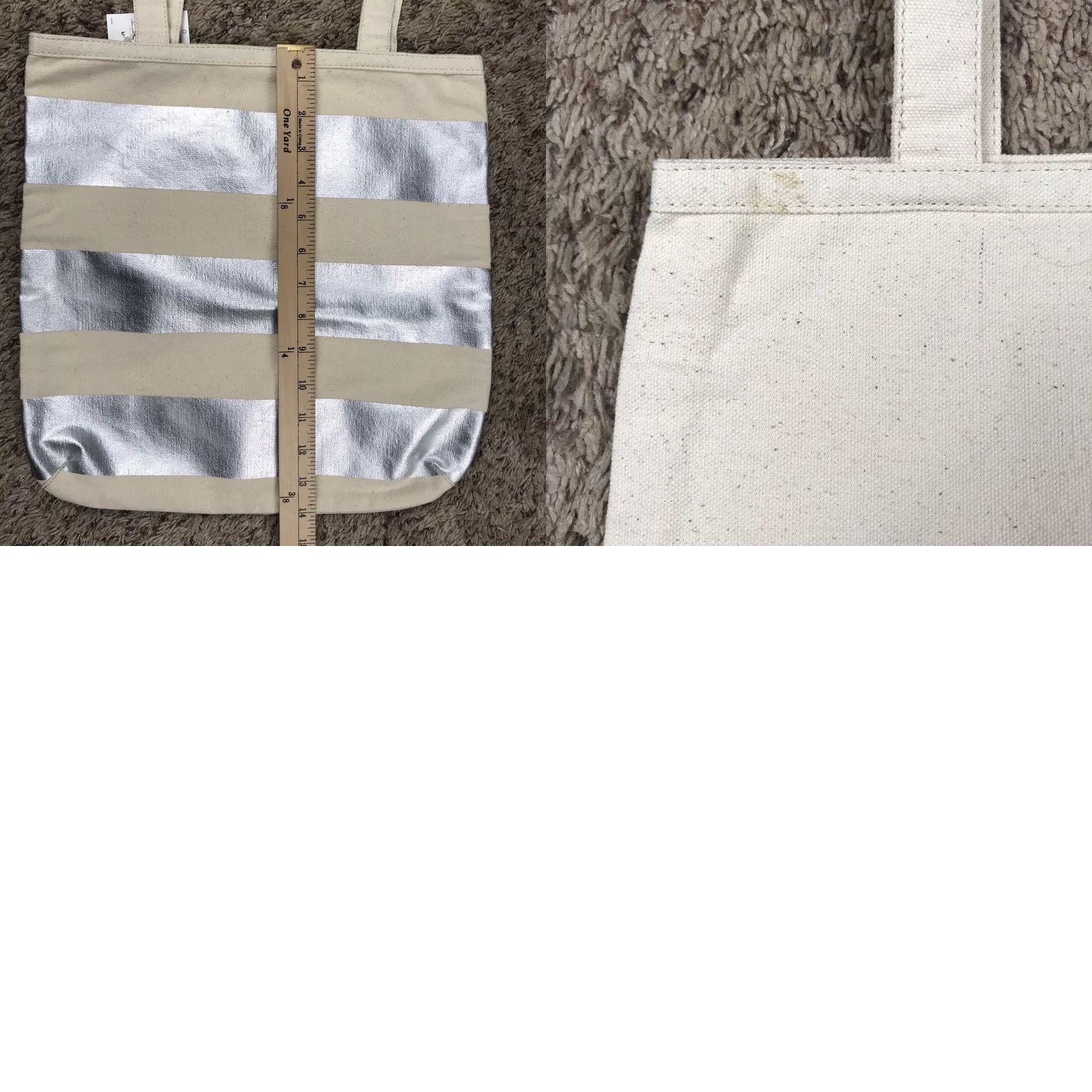 Ann Taylor NWT Ann Taylor Loft Beige Silver Striped Tote Bag 13.5x14 Beach Shopping Lightweight Canvas Open Tote Womens Size ONE SIZE - 8 Thumbnail
