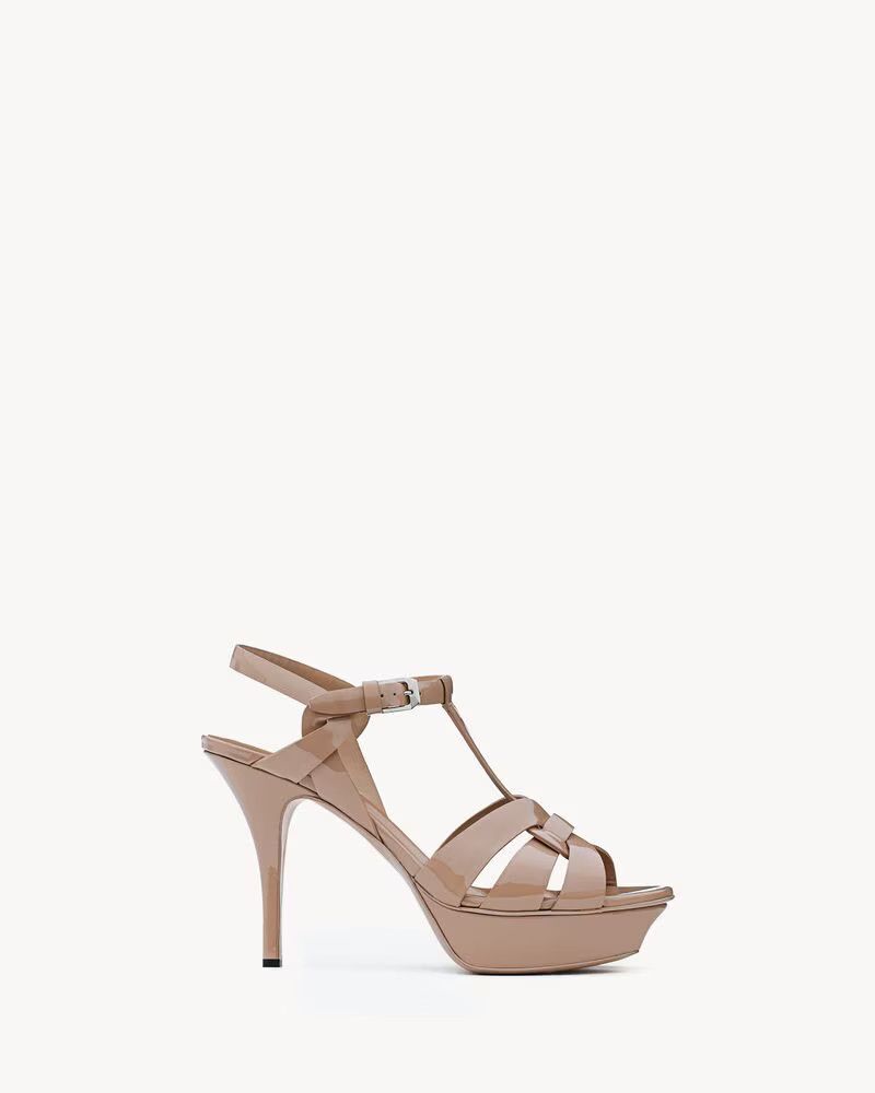 Saint Laurent Paris o1s1wg111024 Tribute Platform Sandals Patent Leather Beige Size US 4 / IT 34 - 1 Thumbnail