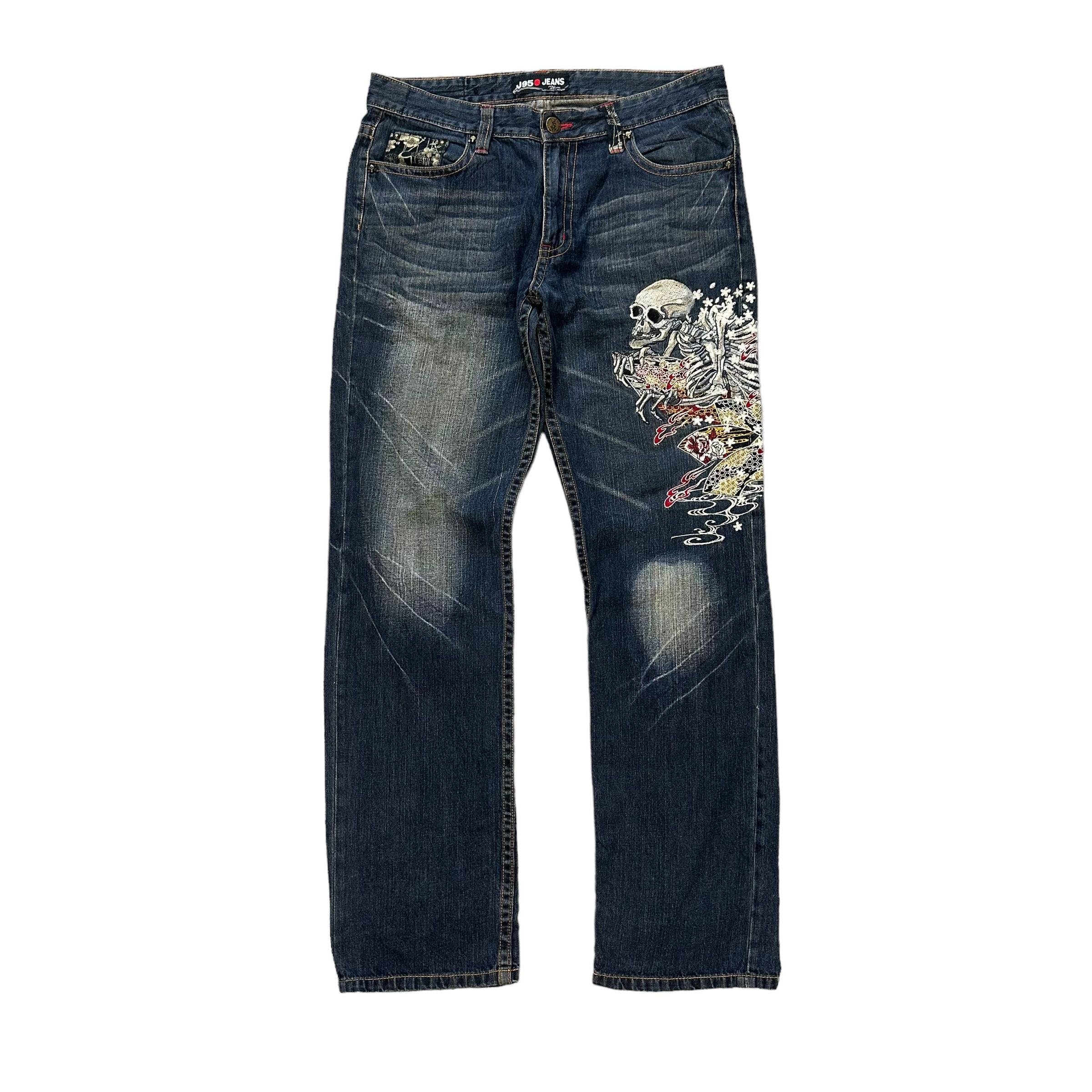Japanese Brand J950 JEANS SUKAJAN EMBROIDERED SKELETON DENIM PANT #7801-177 Size US 35 - 4 Thumbnail