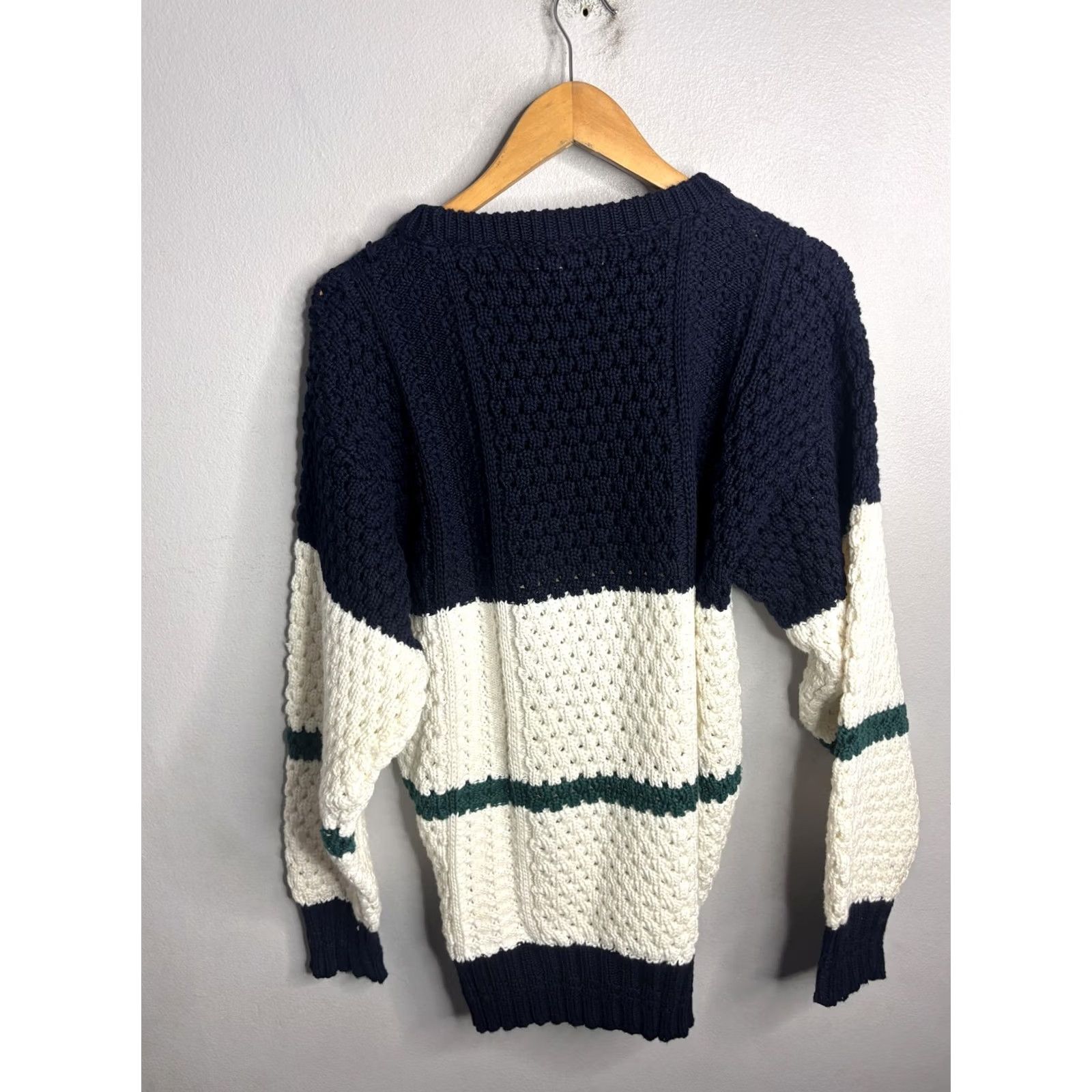 Vintage Donegal II Fisherman Aran Sweater Mens Small Navy Cream Hand Loomed Ireland Size US S / EU 44-46 / 1 - 6 Thumbnail