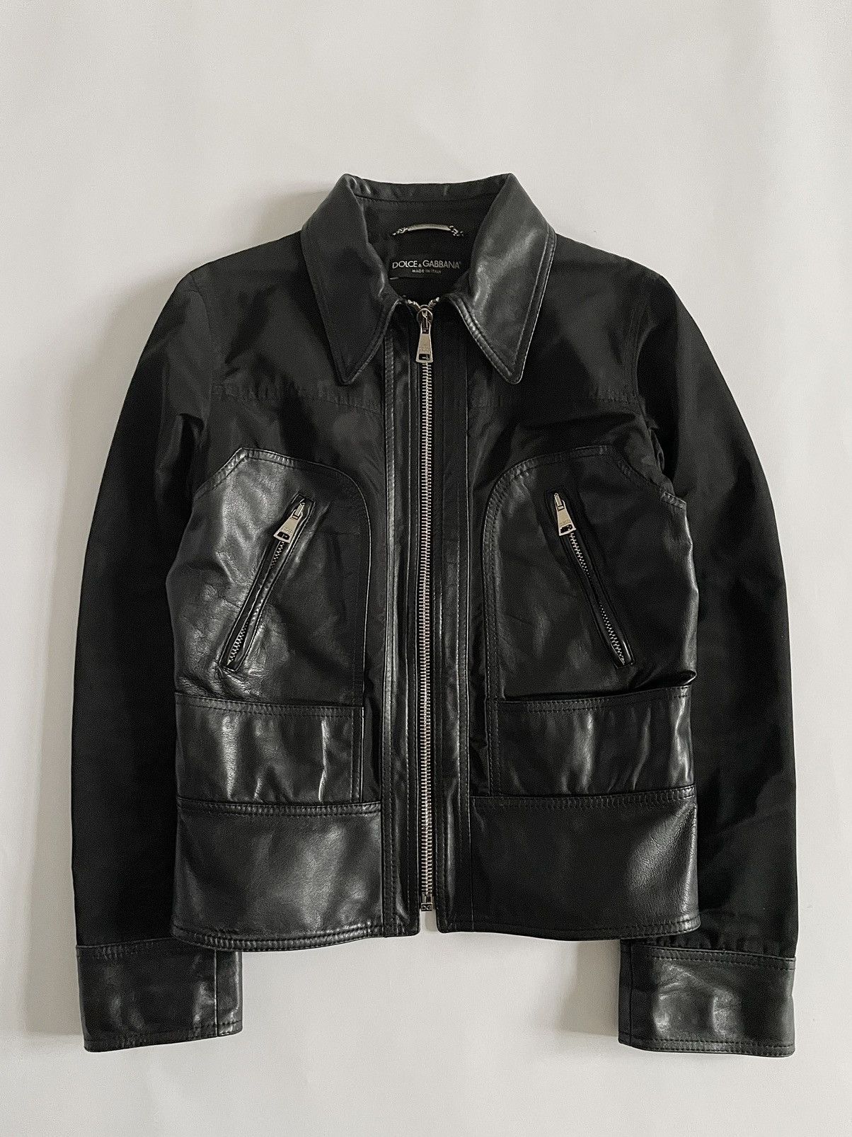 image of Dolce Gabbana Leather Zip Trucker Jacket in Black, Men's (Size Small)