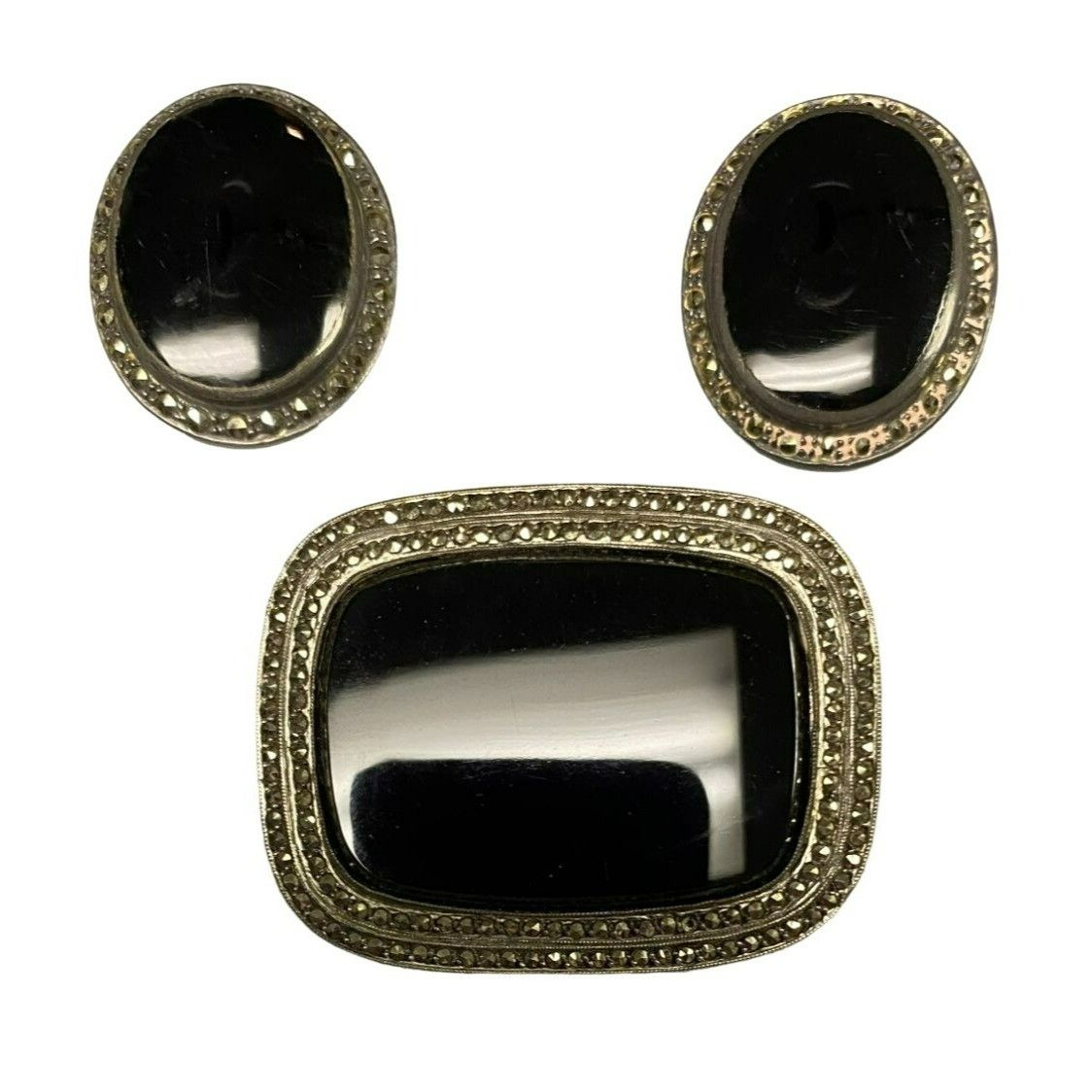 Other Vintage Onyx & Sterling Silver Brooch and Clip on Earring Se Size ONE SIZE - 1 Thumbnail
