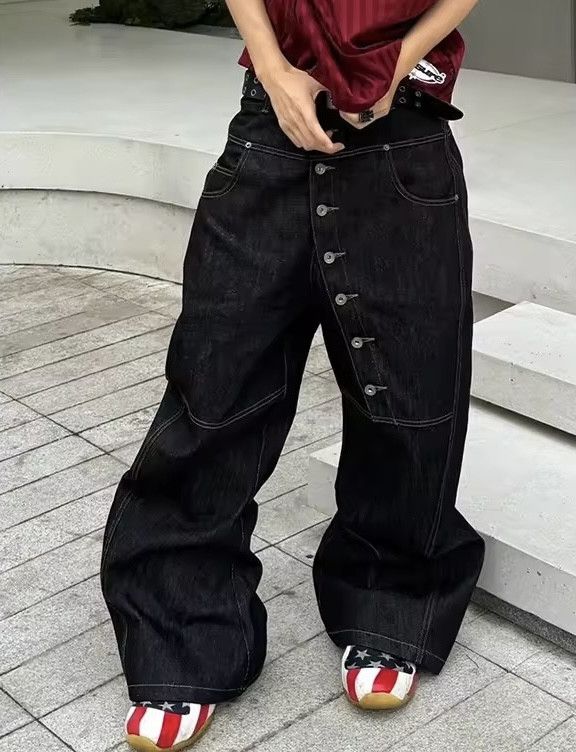 Japanese Brand Curved Long Button Baggy Jean Size US 31 - 3 Thumbnail