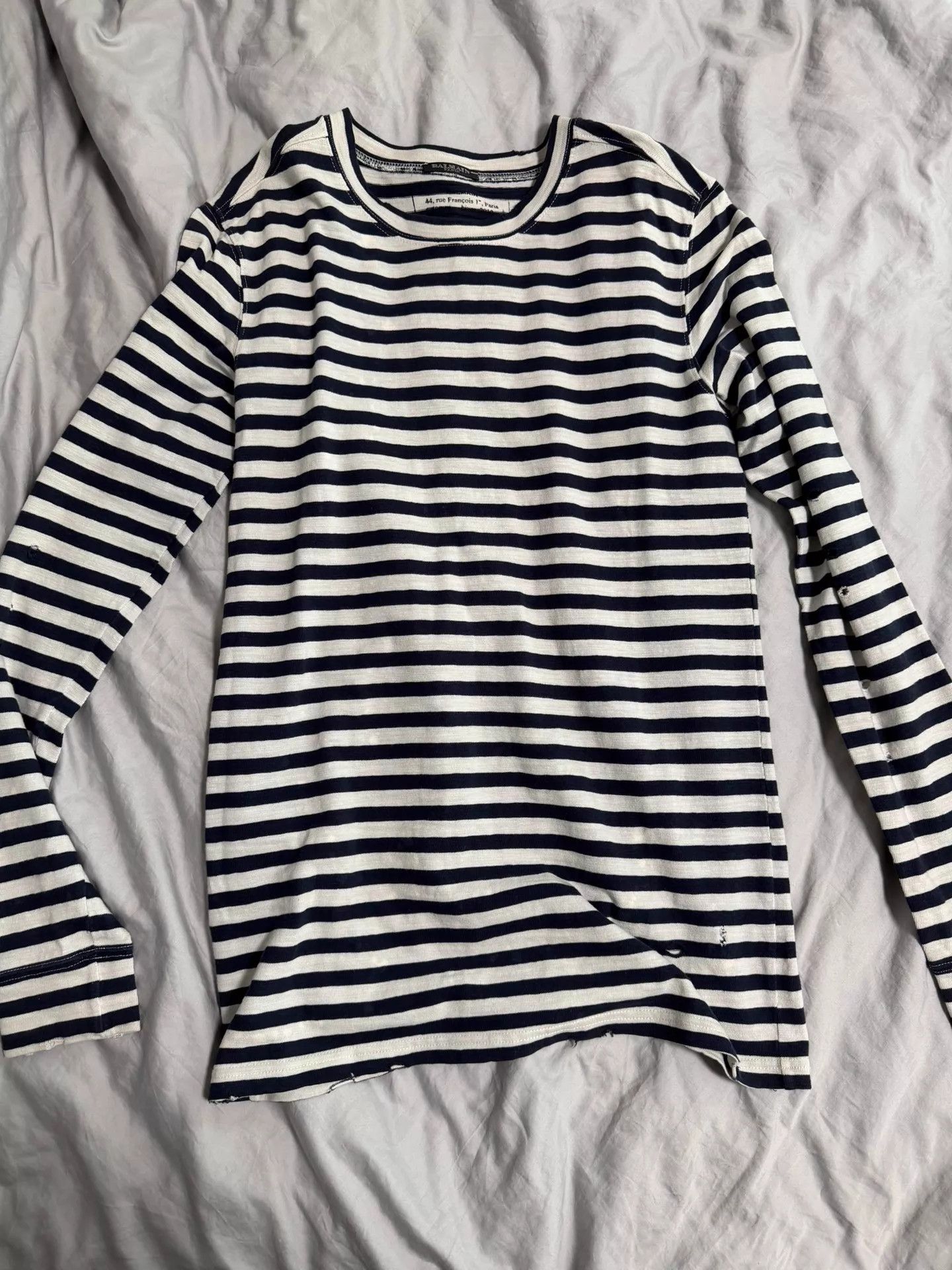 Balmain Balmain CD 10AW Navy & White Stripe LS Distress Tee Archive Size S / US 4 / IT 40 - 1 Thumbnail