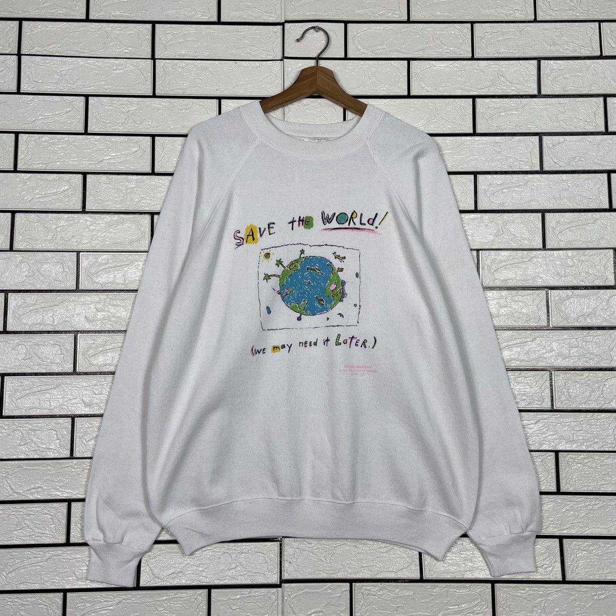 Hanes Vintage Save The World Crewneck White Sweatshirt Size US XL / EU 56 / 4 - 1 Thumbnail
