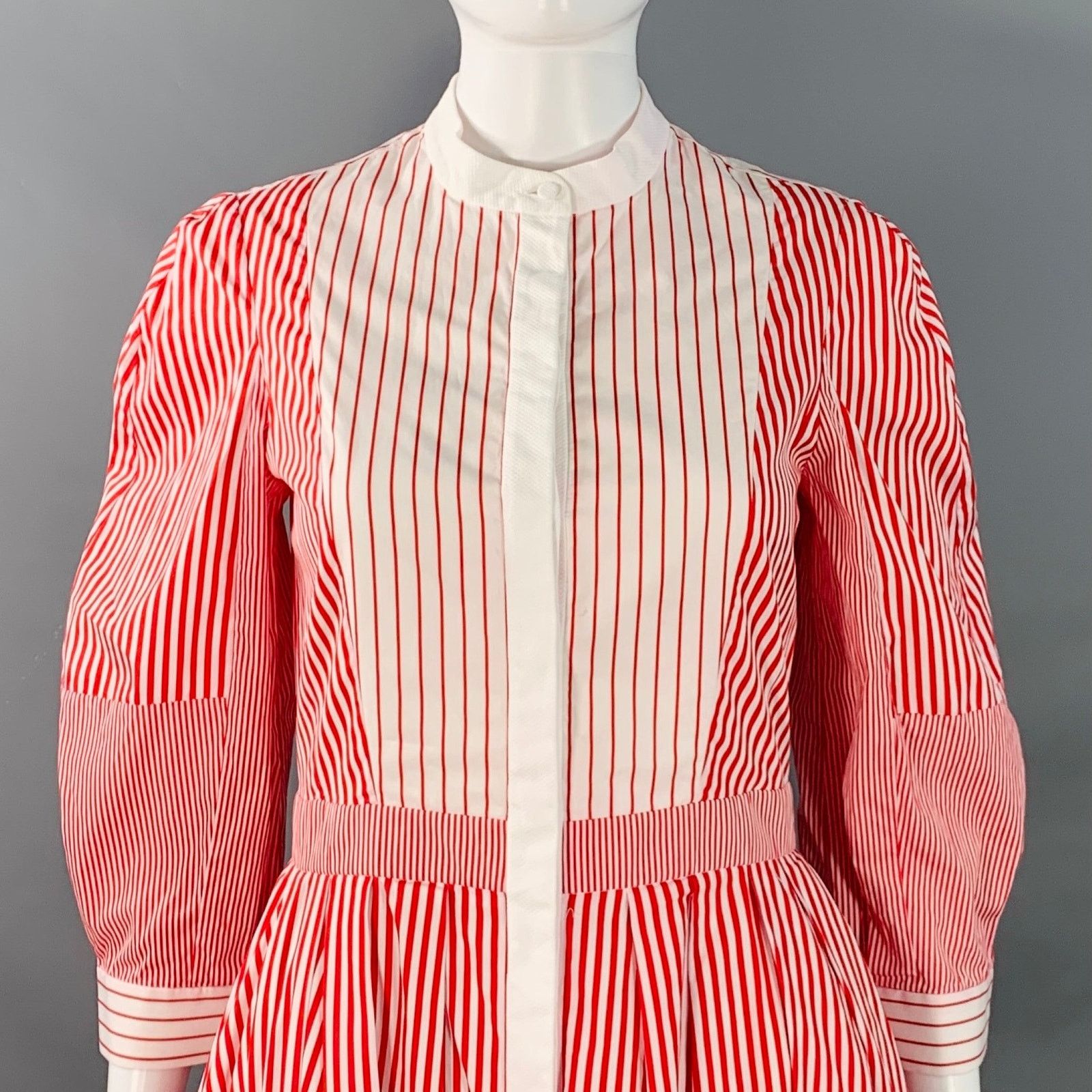Alexander McQueen Red White Cotton Stripe Collarless Asymmetrical A-Line Dress Size XS / US 0-2 / IT 36-38 - 2 Thumbnail