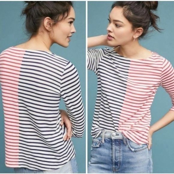 Anthropologie Anthropologie Blocked Striped Boat Neck Top Red & Blue 3/4 S Size XS / US 0-2 / IT 36-38 - 1 Thumbnail