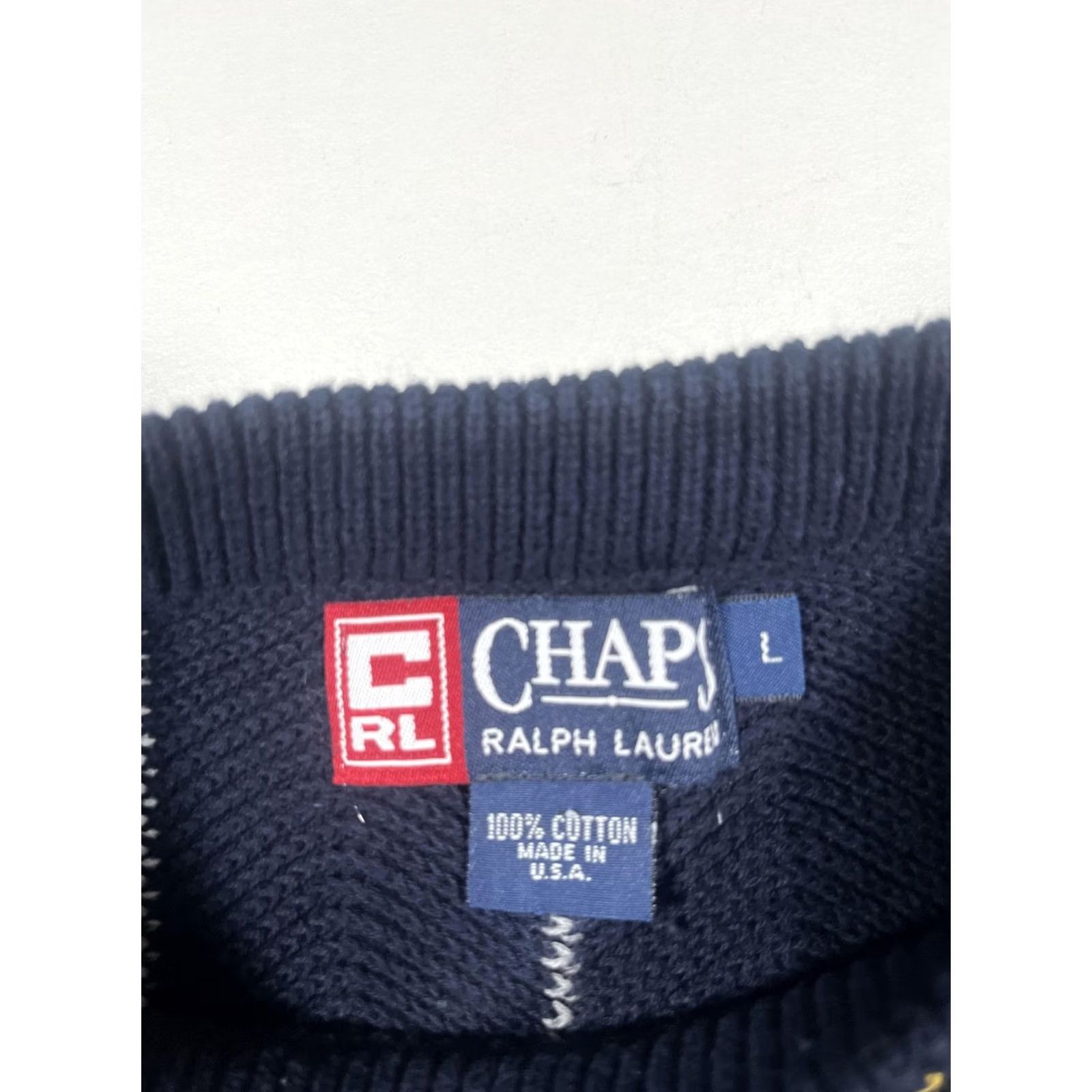 Chaps VINTAGE Chaps Ralph Lauren Sweater Mens L Striped Crewneck Cotton 90s USA Navy Blue Size US L / EU 52-54 / 3 - 3 Thumbnail
