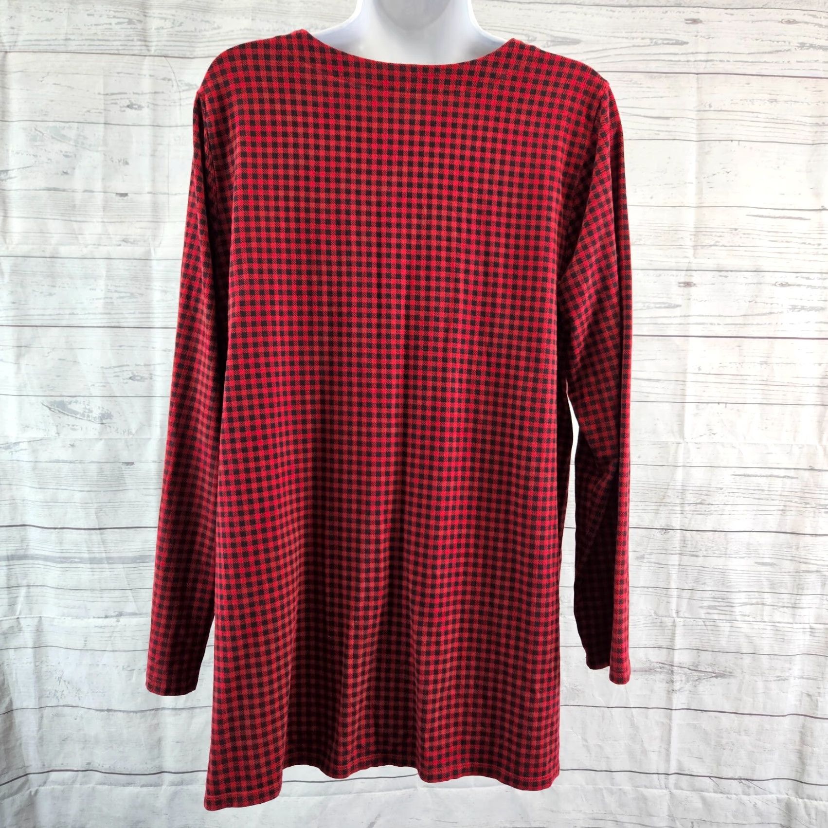 J. Jill J Jill Womens Tunic Blouse Luxe Supima Forward Seam Size Large Red Black Checkered Knit Cotton Blend Long Sleeve Round Neck"} Size L / US 10 / IT 46 - 4 Thumbnail