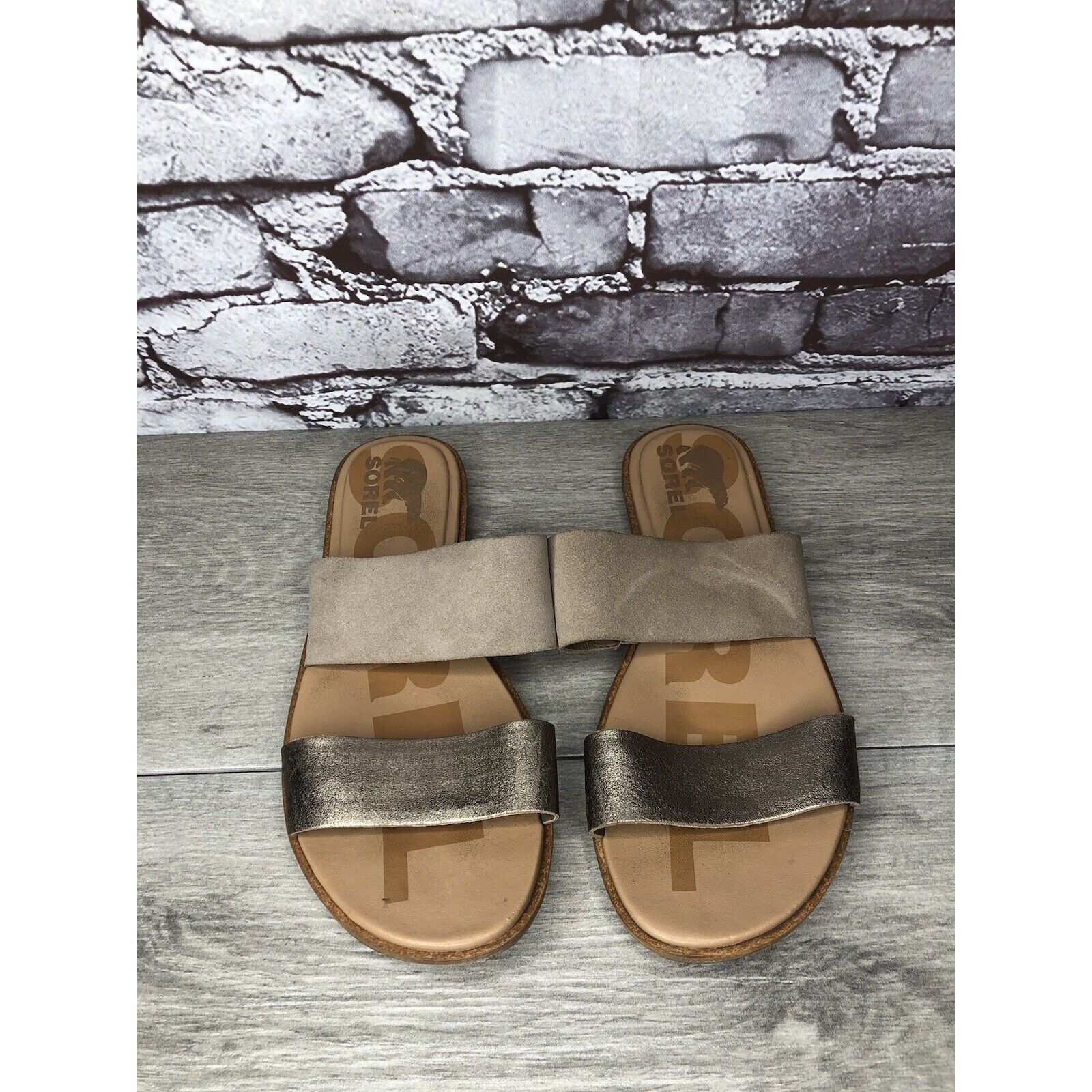 SOREL Sorel Taupe Suede Gold Leather Slides Sandals Women Sz 8.5M Size US 8.5 / IT 38.5 - 4 Thumbnail
