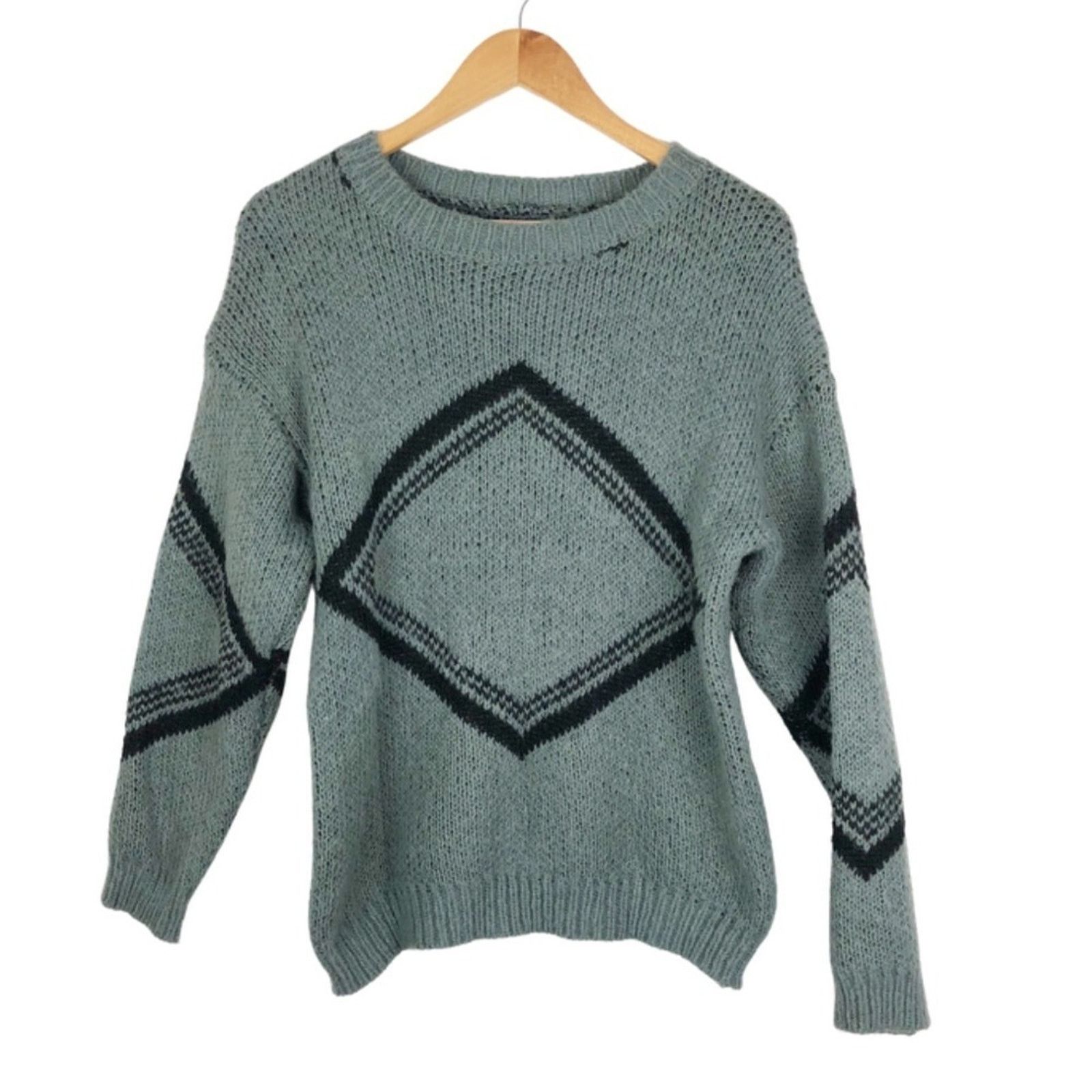 Other Handmade Knit Women’s Grey Geometric Retro Pullover Sweater Size L / US 10 / IT 46 - 5 Thumbnail