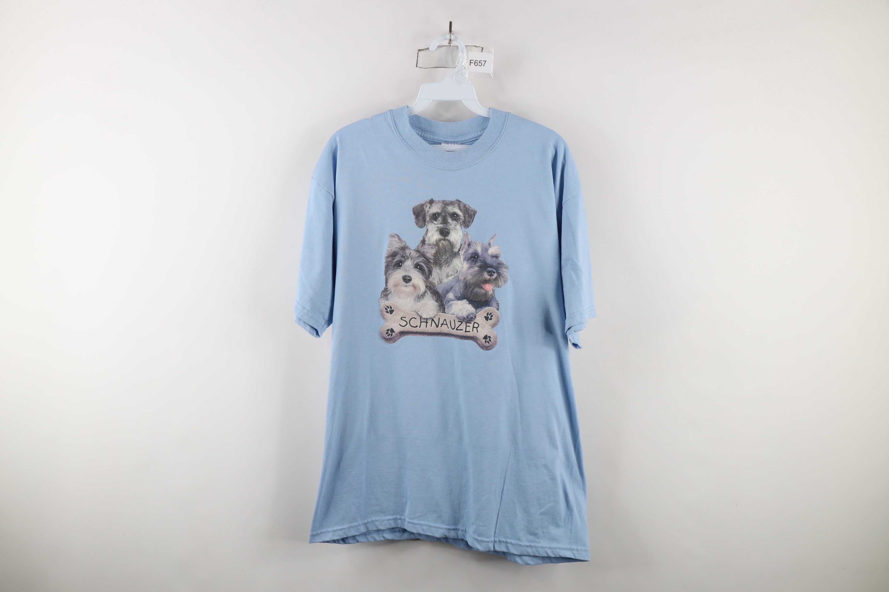 Vintage Vintage 90s Spell Out Schnauzer Dog Puppy T-Shirt Light Blue Size L / US 10 / IT 46 - 1 Thumbnail