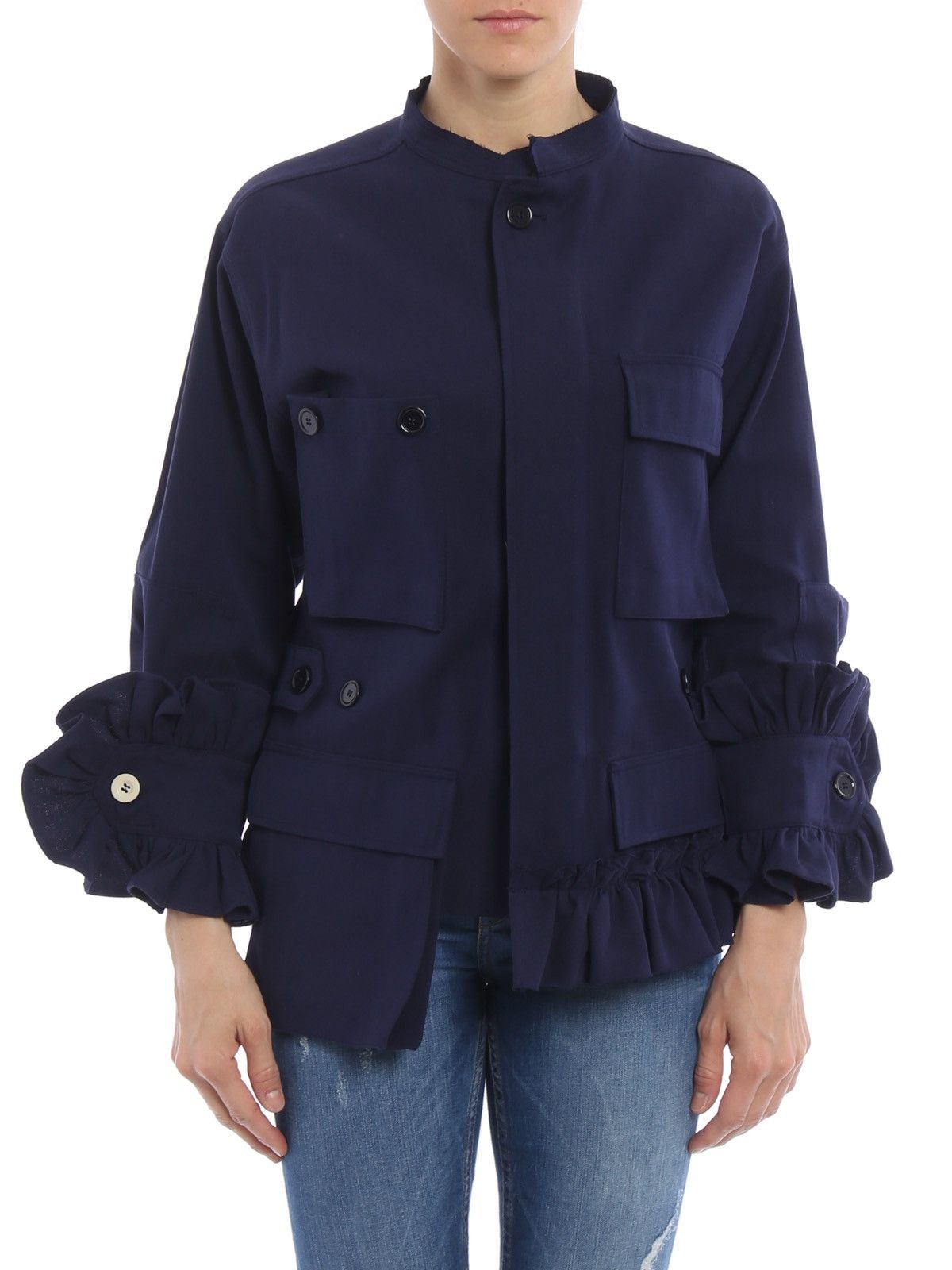 If Six Was Nine Erika Cavallini Flore Crew Neck Navy Ruffles Jacket Size M / US 6-8 / IT 42-44 - 1 Thumbnail