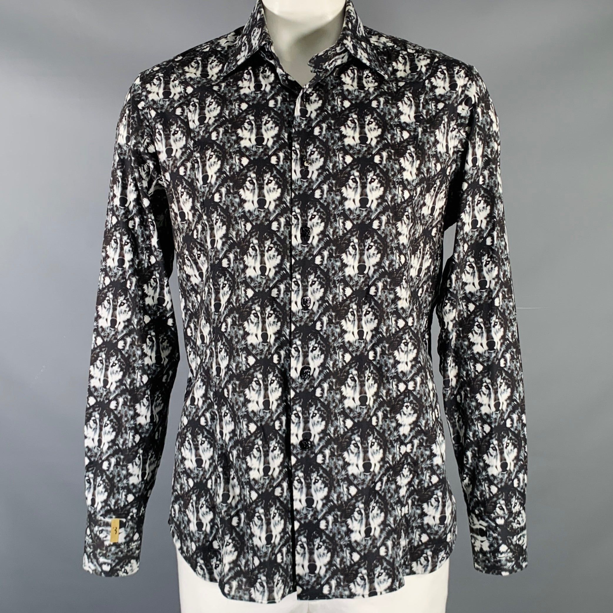 Image of Billionaire Couture Black White Wolf Print Long Sleeve Shirt, Men's (Size XL)