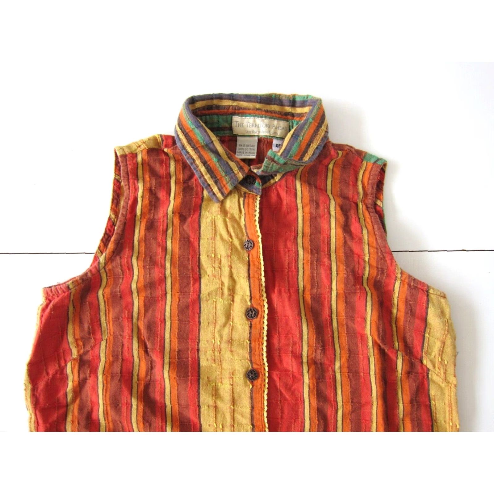 The Territory Ahead VINTAGE Territory Ahead Blouse Shirt XS Sleeveless Stripe 100% Cotton Orange Green Yellow Womens Size XS / US 0-2 / IT 36-38 - 6 Thumbnail