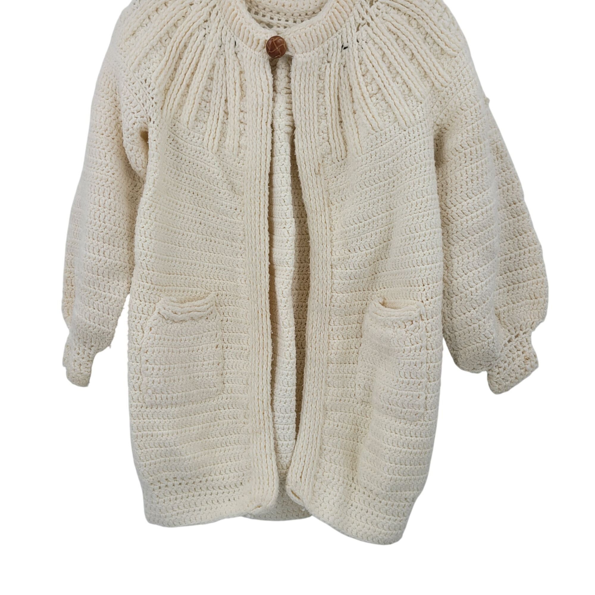 Handmade Vtg 70s Cream Handmade Coatigan Cardigan Puff Sleeve Pockets Size M / US 6-8 / IT 42-44 - 5 Thumbnail