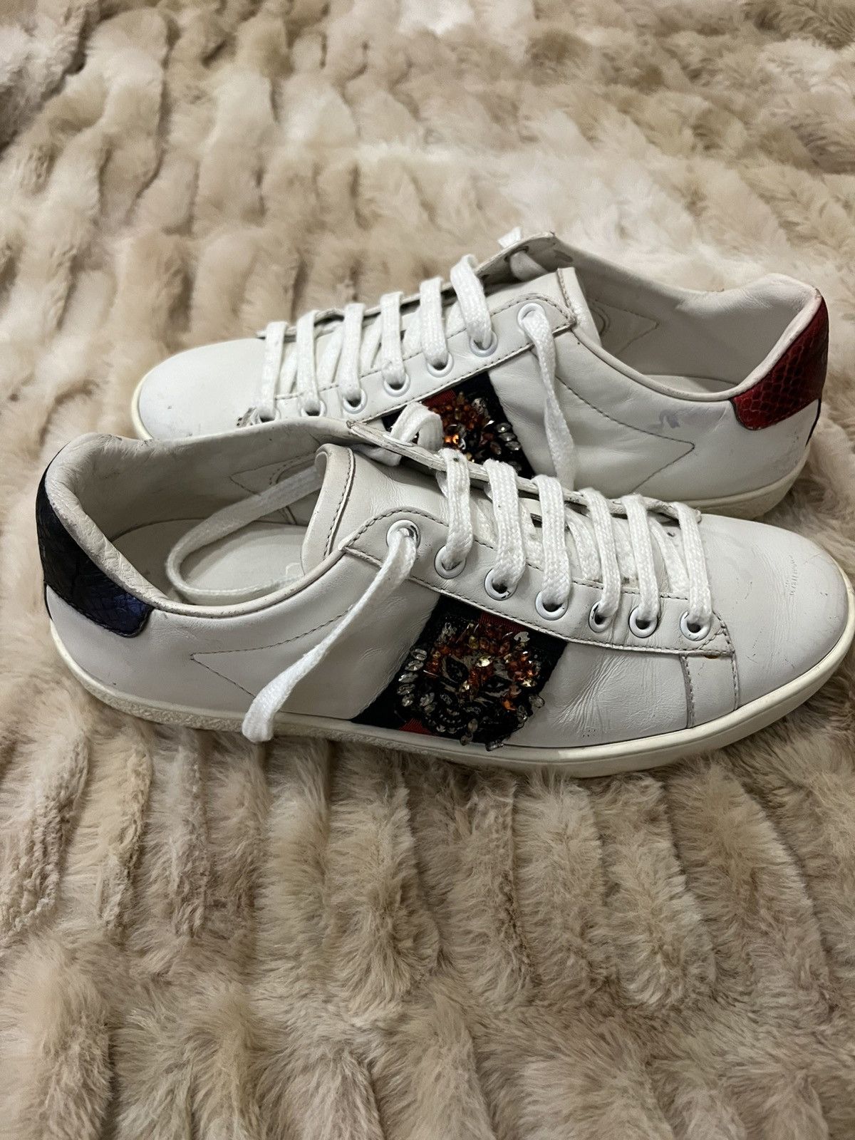 GUCCI Calfskin Web Studded Feline Ace