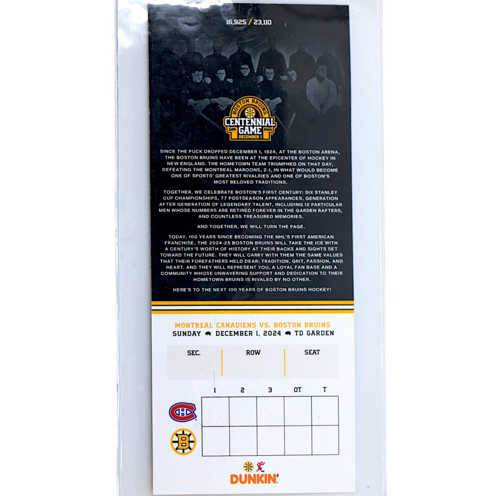 NHL Boston Bruins v Montreal Canadiens Centennial Commem. Ticket Size ONE SIZE - 11 Thumbnail