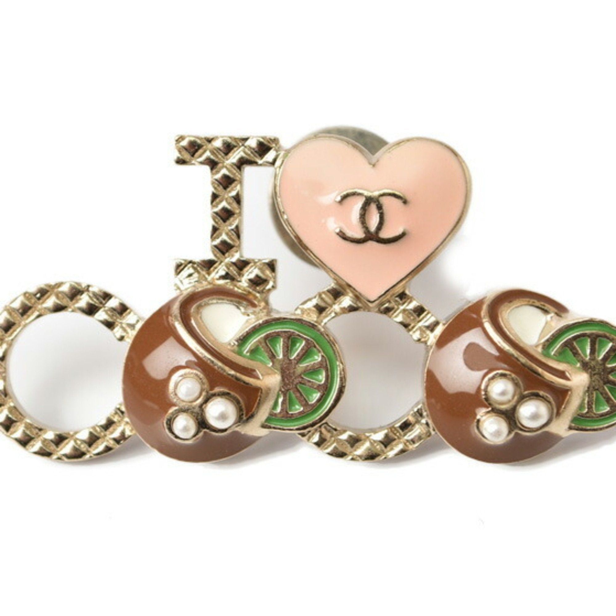 image of Chanel Brooch Pin Badge I Love Coco Heart Motif Gold Brown, Women's