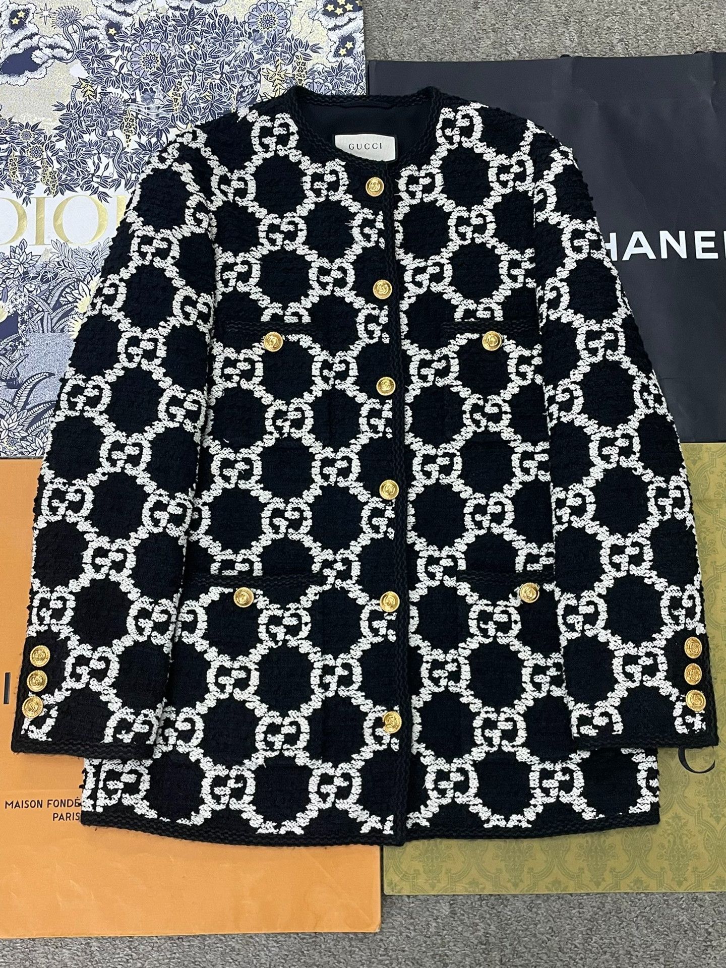 Gucci Gucci Black White Tweed Logo Coat Size S / US 4 / IT 40 - 1 Thumbnail