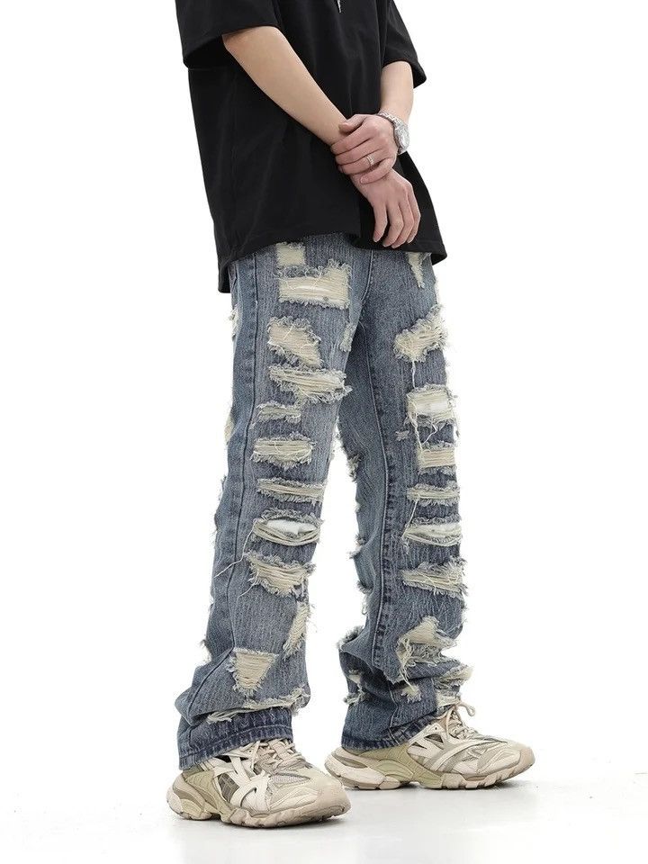 Vintage washed torn hole cut straight tube loose fitting jeans Size US 33 - 3 Thumbnail