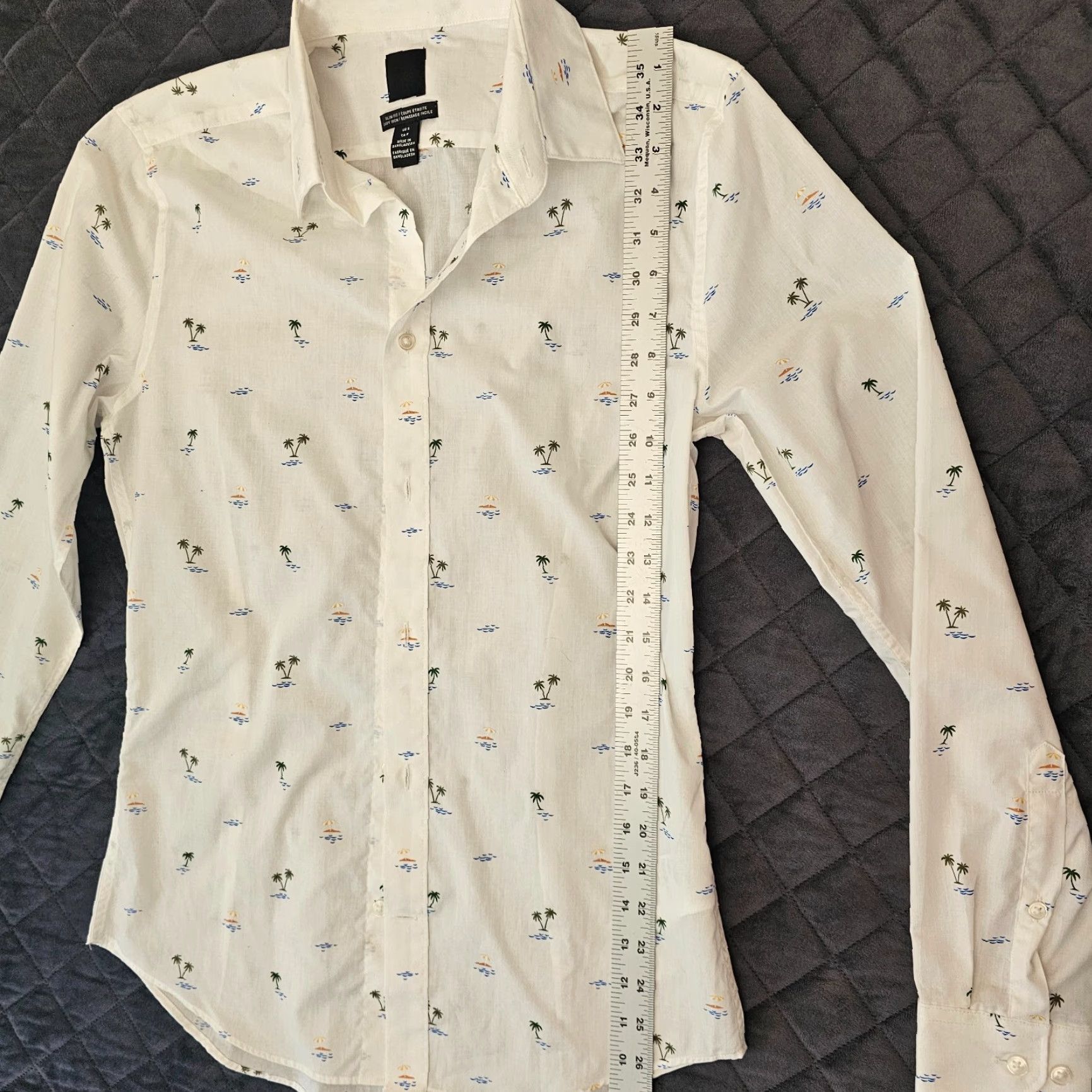 H&M H&M Shirt Men Button-Down White Palm Trees Print Long Sleeve Size S Geometric Pattern Cotton Blend Reg Fit Size US S / EU 44-46 / 1 - 5 Thumbnail