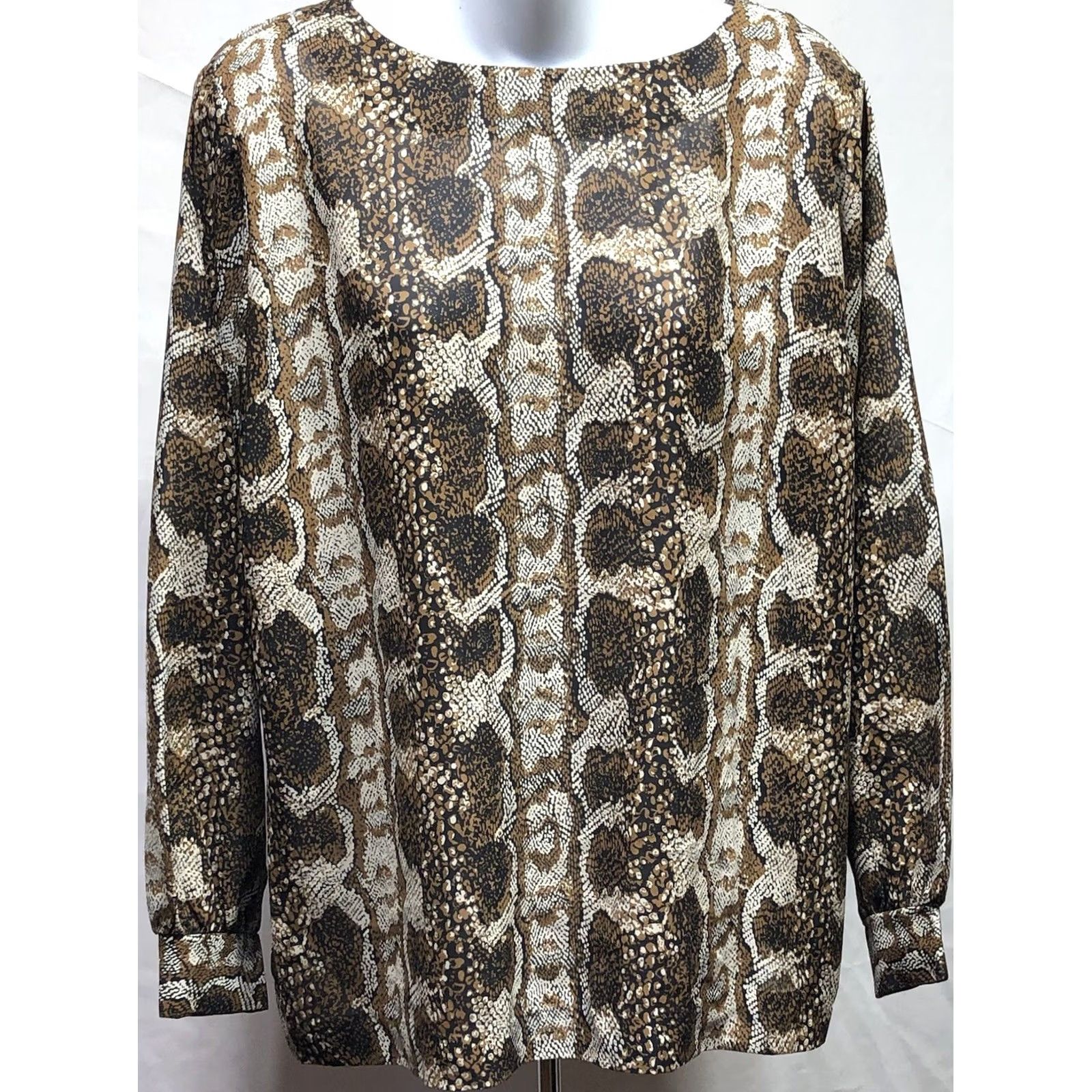 Vintage VINTAGE Teddi blouse Brown Snake ButtonUp 90s Career Glam Chic Women M Brown Snake Long Sleeve Collarless Size M / US 6-8 / IT 42-44 - 6 Thumbnail
