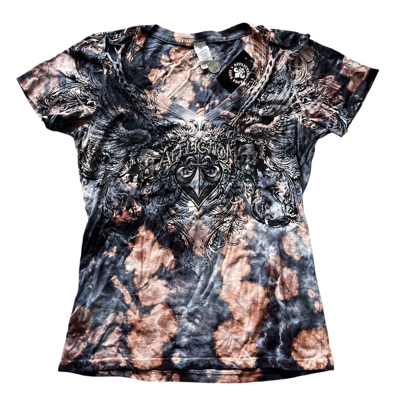 NWT AFFLICITION Live Fast Wmns Bleach Distressed Braid AOP