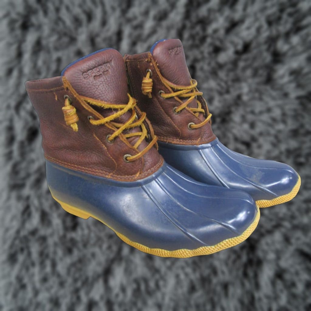 Sperry Sperry Saltwater Boots Womens Size 10 Navy Brown Leather Waterproof Side Zip Duck Rain Boot STS91175 Size US 10 / IT 40 - 1 Thumbnail