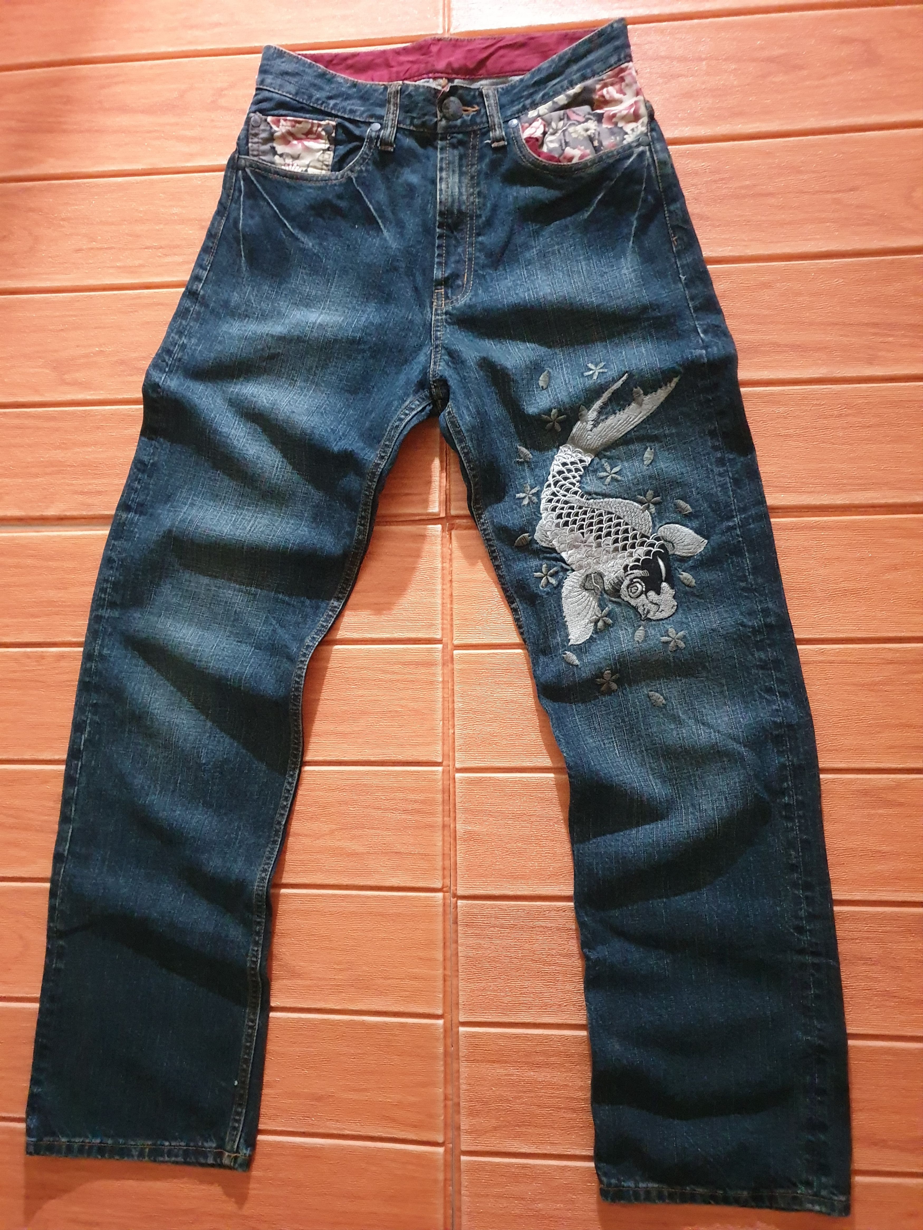 Japanese Brand 💥Koi fish embroidery sukajan denim pant Size US 29 - 4 Thumbnail