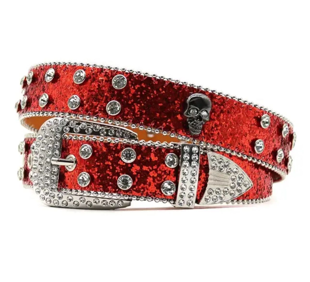 Leather Red Color Rhinestone Studded PU Leather Belt Size ONE SIZE - 1 Thumbnail
