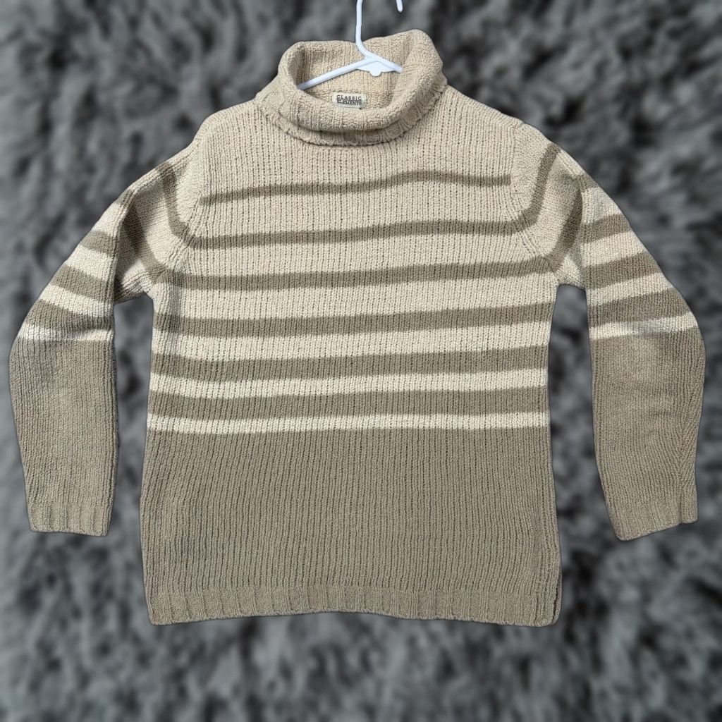 Vintage VTG Classic Elements Sweater Womens M Beige Striped Turtleneck Knit Preppy 90s Vintage Pullover Size M / US 6-8 / IT 42-44 - 1 Thumbnail