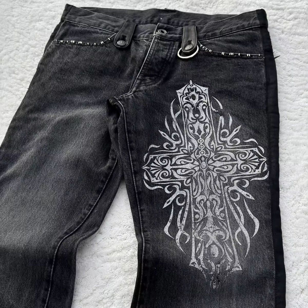 Jean Washed Design Punk Loose Gothic Printed Jeans Size US 35 - 3 Thumbnail
