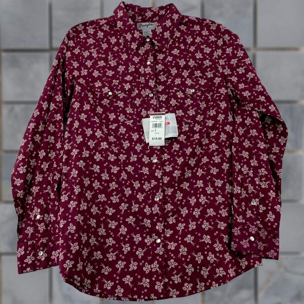 Wrangler Wrangler Wrancher Shirt Womens Small Burgundy Floral Cowboy Collared Pearl Snap Shirt Size S / US 4 / IT 40 - 1 Thumbnail