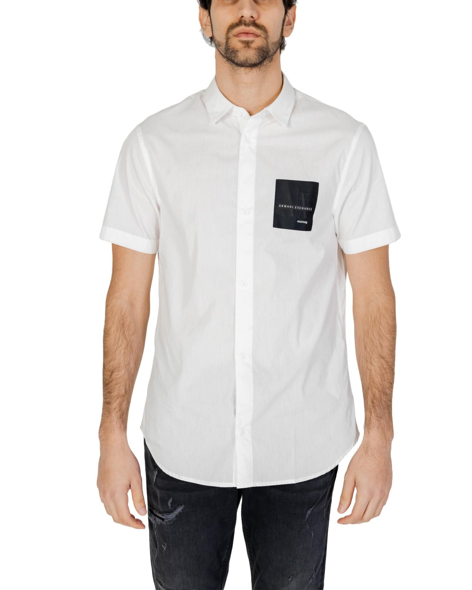 image of Armani Exchange Plain Button-Up Shirt With Front Pockets in White, Men's (Size XS)