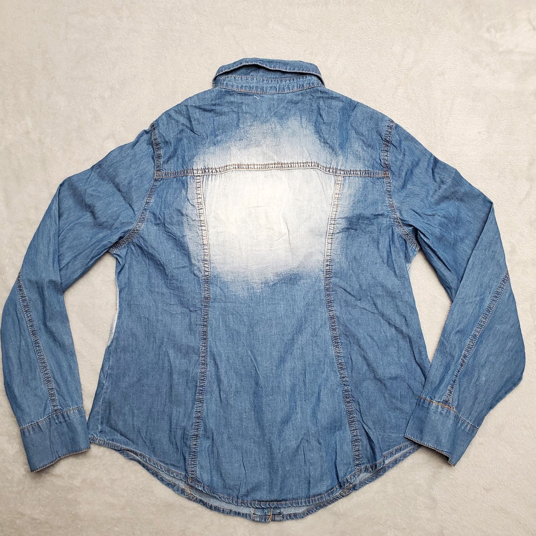 Denime VINTAGE Denim Acid Wash Shirt Women XL Blue 100% Cotton Long Sleeve Pearl Snap Size XL / US 12-14 / IT 48-50 - 6 Thumbnail