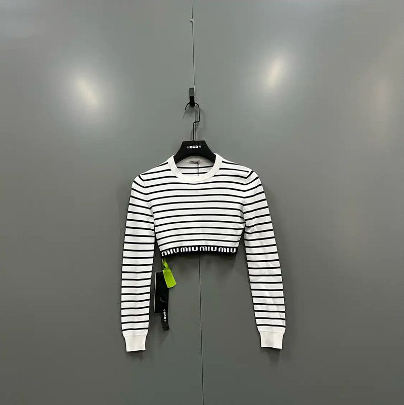 Miu Miu Miu Miu Striped Cropped Long Sleeve T-shirt 0089 Size ONE SIZE - 1 Thumbnail