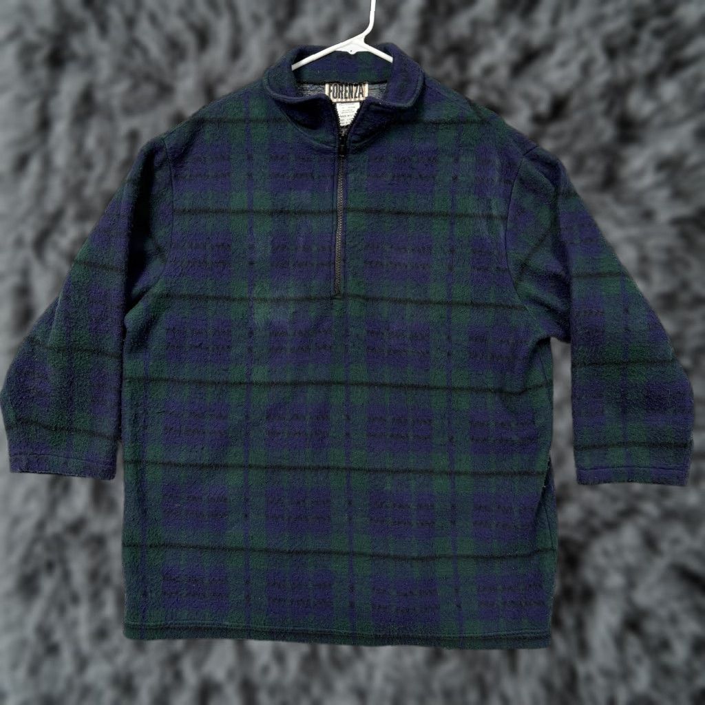 Vintage Vintage Forenza Fleece Sweater Plaid Green Blue 1/4 Zip Ladies Large 3/4 Sleeve Mock Neck Knit Casual Cabincore Size L / US 10 / IT 46 - 1 Thumbnail