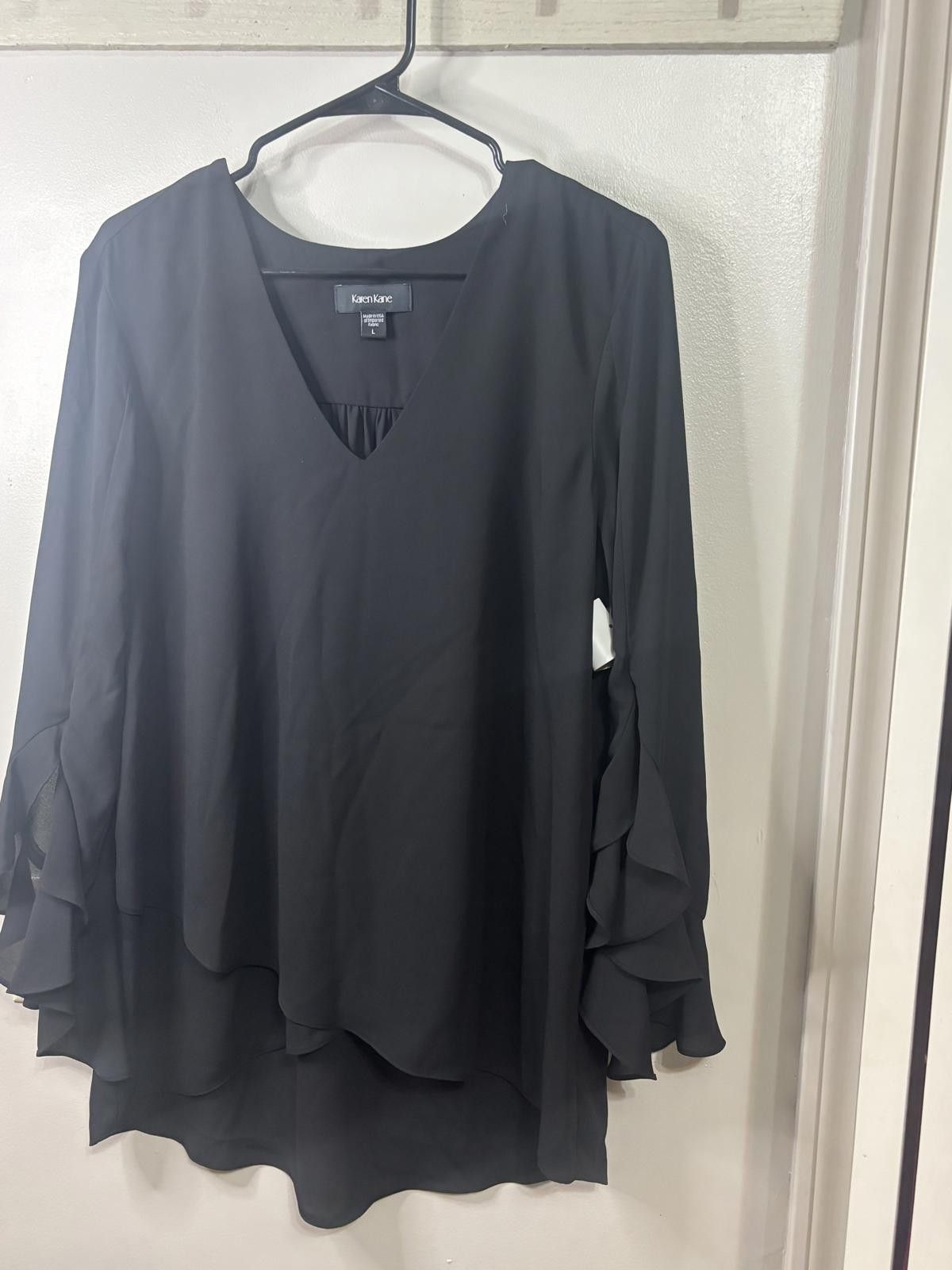 Designer Karen Kane Black Ruffle Sleeve Blouse - Size L Size L / US 10 / IT 46 - 1 Thumbnail