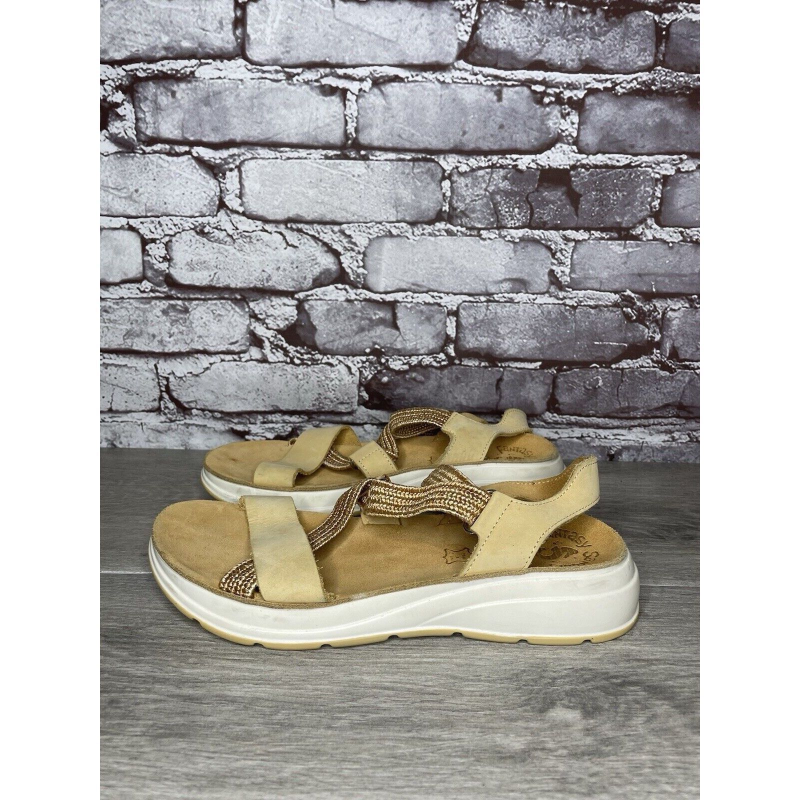 Other Fantasy Sandals Tan Nubuck Fabric Cross Strap Wedge Flex Sol Size US 8.5 / IT 38.5 - 6 Thumbnail
