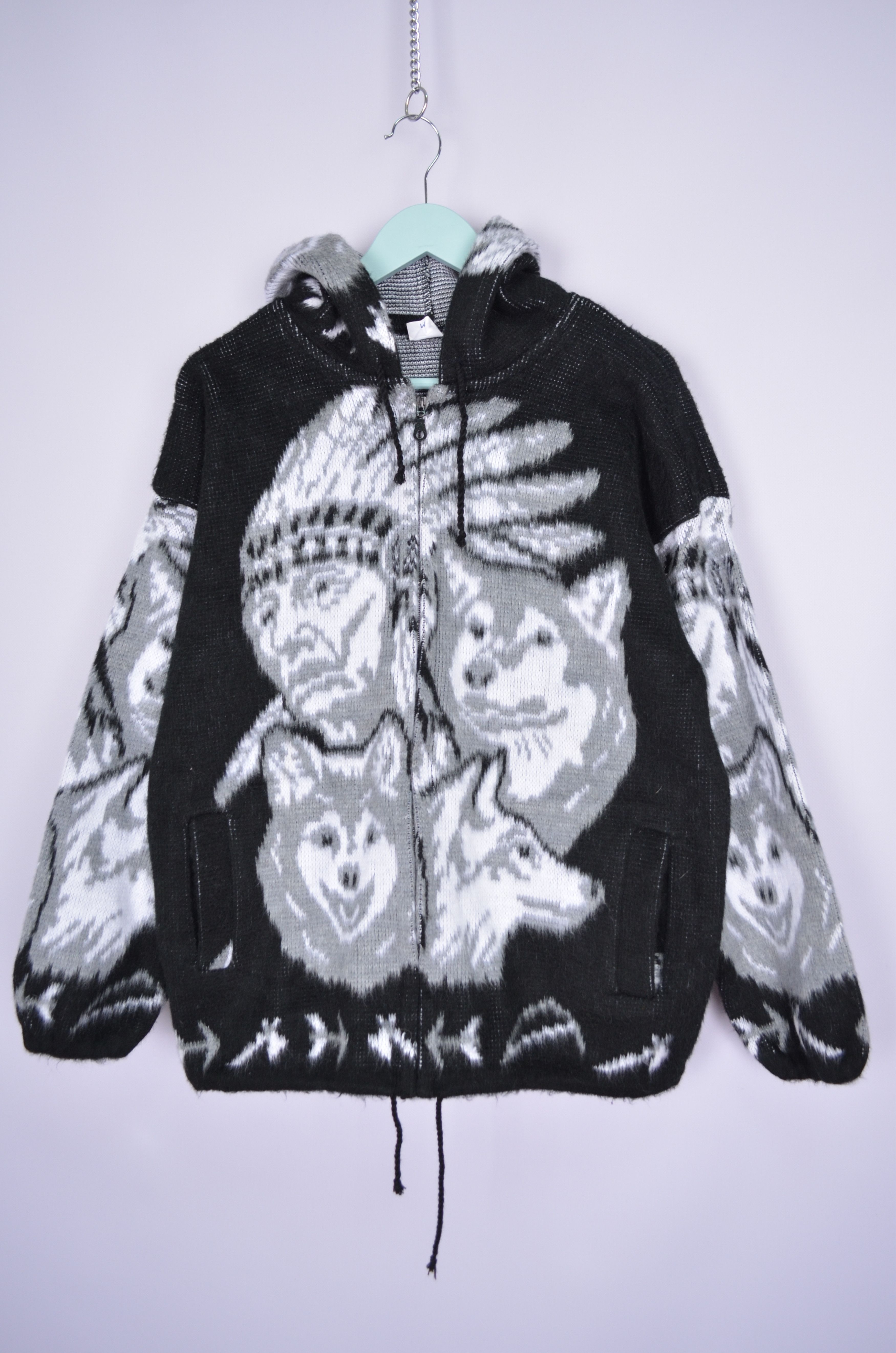 Vintage VTG Native American Wolf Sweater M Black White Wool Full Zip Size US M / EU 48-50 / 2 - 1 Thumbnail