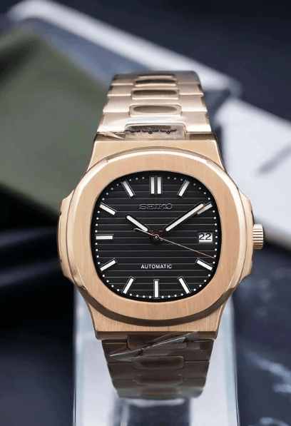 Rose Gold Black Nautilus Custom Seiko Mod, Men's