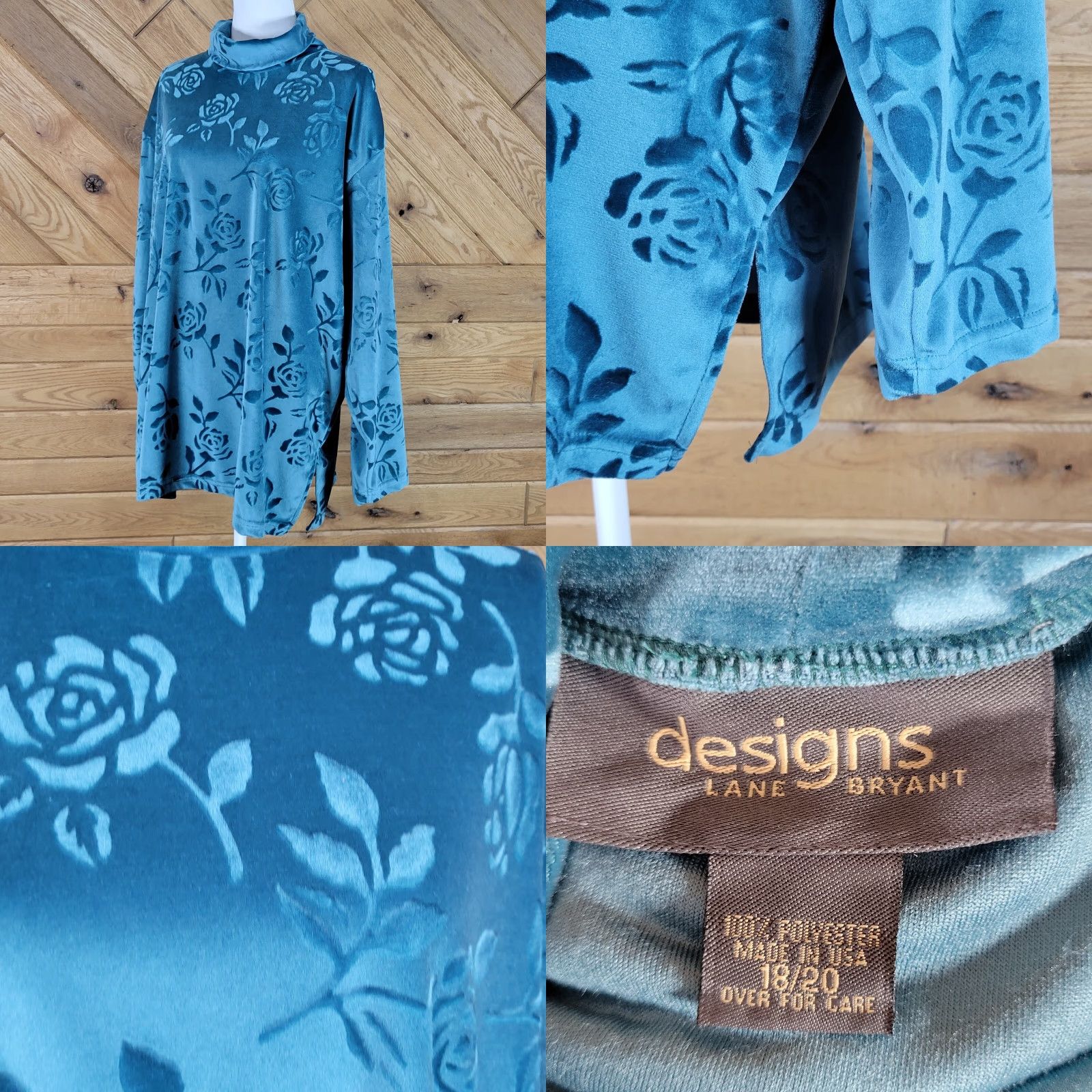 Vintage Lane Bryant Designs Women's Blouse Shirt Mock Neck Floral Teal 18/20 Plus Size Womens Size XXL / US 16-18 / IT 52-54 - 8 Thumbnail