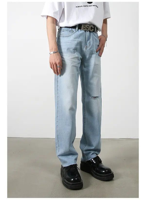 Japanese Brand Asaoka x Asai Light blue loose casual ripped straight jeans Size US 32 / EU 48 - 4 Thumbnail