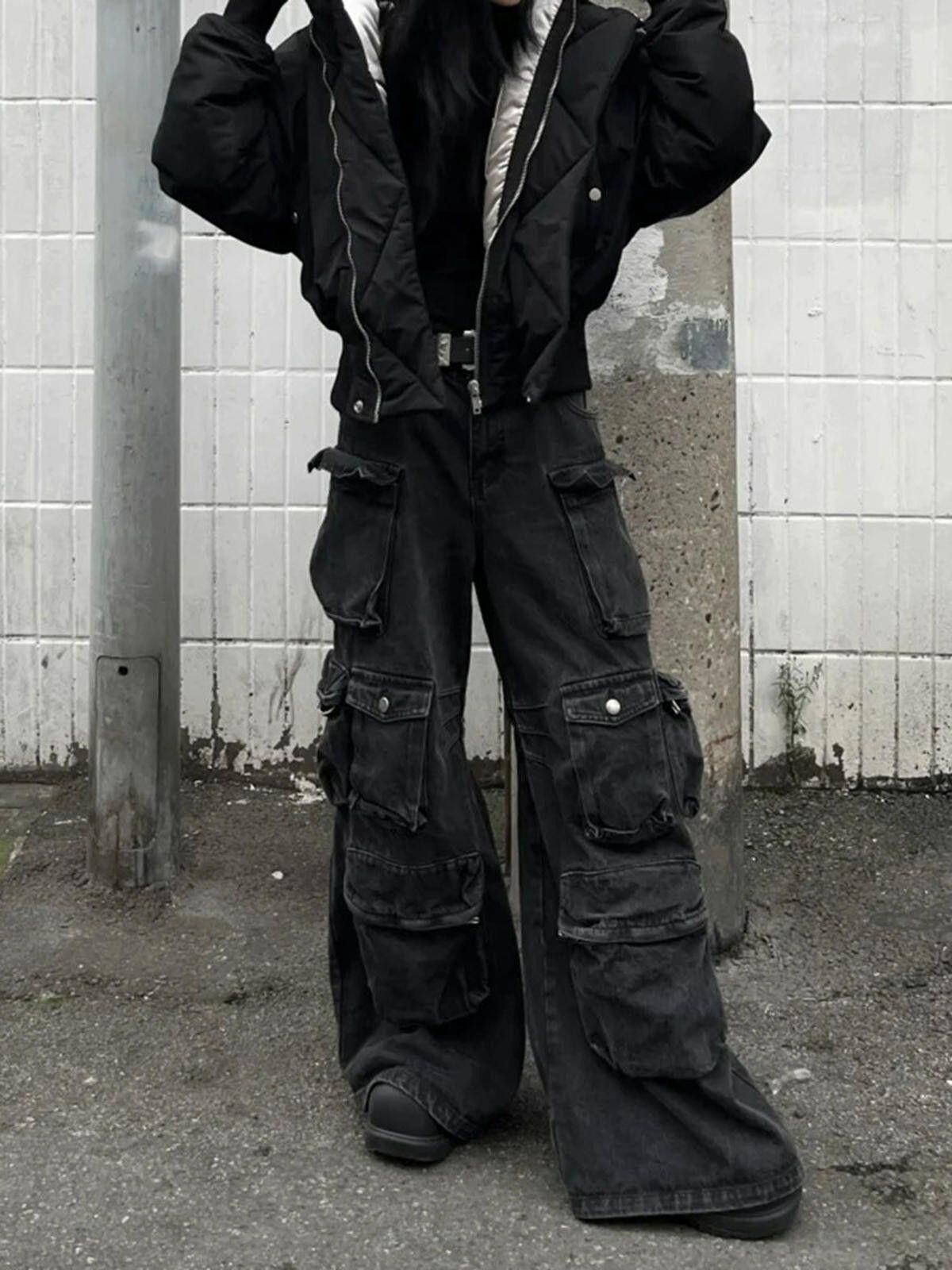 Jean Black Baggy Distressed Cargo Jeans, Wide Leg Pants Size US 30 / EU 46 - 2 Thumbnail