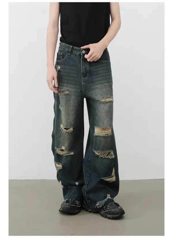 VIBE Men's loose straight raw edge washed wide-leg ripped jeans Size US 32 / EU 48 - 3 Thumbnail