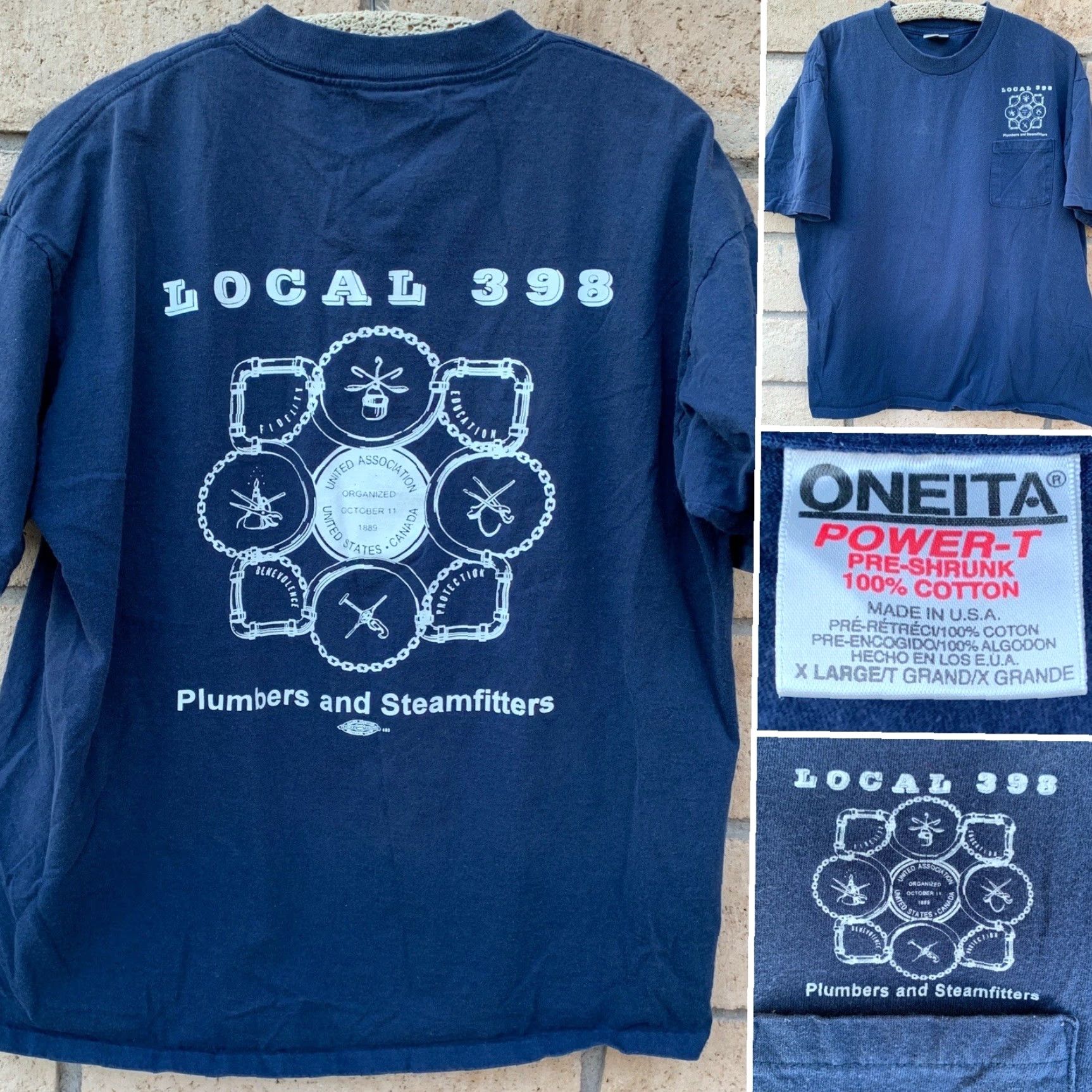 Vintage VINTAGE Oneita Local 398 Plumbers and Steamfitters Pocket T Shirt Short Sleeve Size XL Blue Cotton Mens Size US XL / EU 56 / 4 - 7 Thumbnail