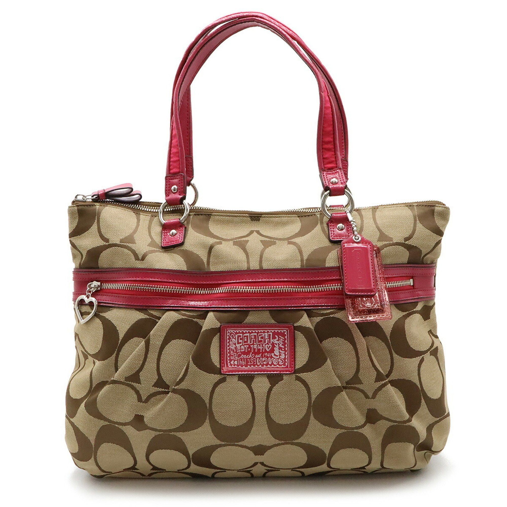 Coach Poppy Signature Tote Bag Shoulder Canvas Enamel Patent Leather Beige Pink F22947, Women's