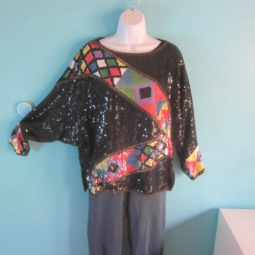 Vintage SCALA Vintage Sequin Top Womens Size L Long Dolman Sleeve Bl Size L / US 10 / IT 46 - 1 Thumbnail